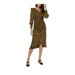 NWT Moon River Anthropologie Tiger Animal Stripe Ruched Green Midi Dress. SIZE M